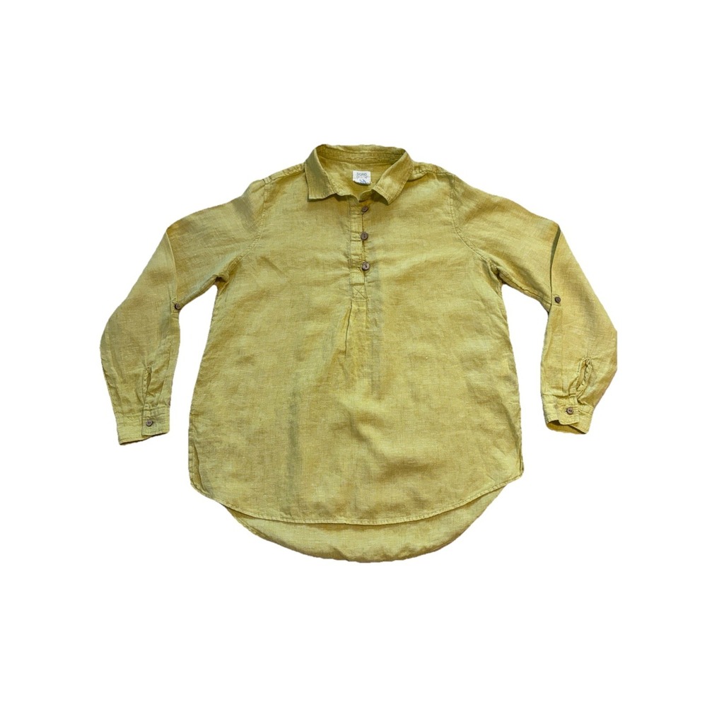 Sigrid Olsen 100% Linen Tunic Shirt Chartreuse Green Blouse Women Small Roll Tab